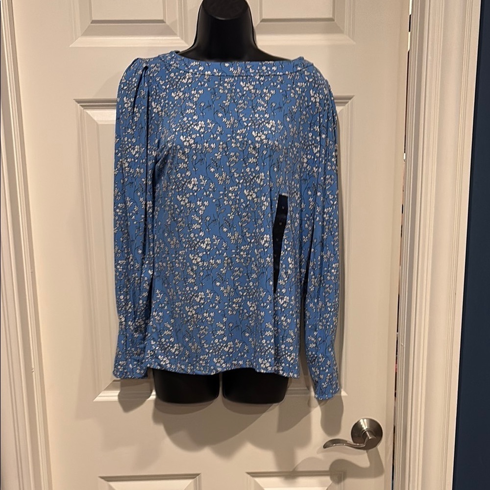 Banana Republic Blue and White Puff Sleeve Blouse
